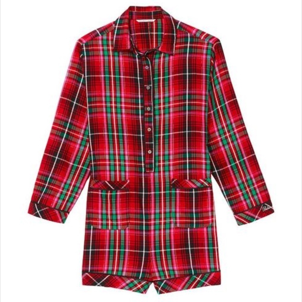 Victoria Secret Flannel Pajama Romper Playsuit Plaid  Medium Plaid Christmas NWT